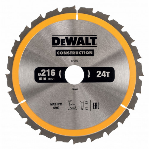 Диск пильный по дереву 216х30 мм 24 зуба DeWALT DT1952