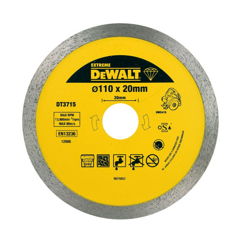 Диск алмазный сплошной по керамограниту 110х20 мм DeWALT DT3715